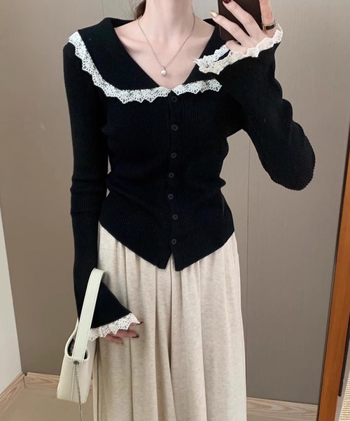 Lace Ladies(レースレディース)の「丸襟 レース リブ ニット カーディガン(カーディガン/ボレロ・レディース・アイボリー/ブラック/ホワイト・FREE)」の3枚目の写真