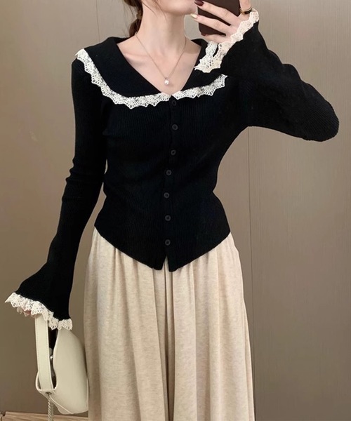 Lace Ladies(レースレディース)の「丸襟 レース リブ ニット カーディガン(カーディガン/ボレロ・レディース・アイボリー/ブラック/ホワイト・FREE)」の4枚目の写真