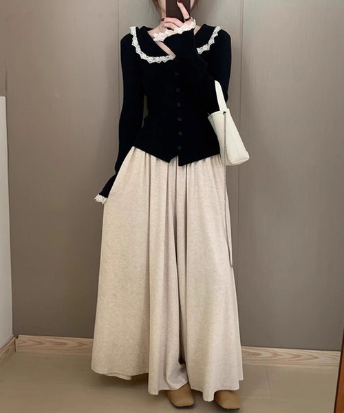 Lace Ladies(レースレディース)の「丸襟 レース リブ ニット カーディガン(カーディガン/ボレロ・レディース・アイボリー/ブラック/ホワイト・FREE)」の5枚目の写真