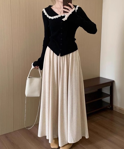 Lace Ladies(レースレディース)の「丸襟 レース リブ ニット カーディガン(カーディガン/ボレロ・レディース・アイボリー/ブラック/ホワイト・FREE)」の6枚目の写真