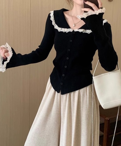Lace Ladies(レースレディース)の「丸襟 レース リブ ニット カーディガン(カーディガン/ボレロ・レディース・アイボリー/ブラック/ホワイト・FREE)」の7枚目の写真