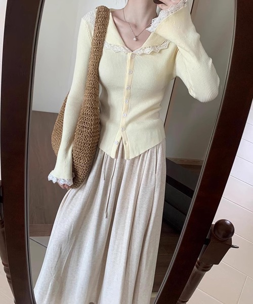 Lace Ladies(レースレディース)の「丸襟 レース リブ ニット カーディガン(カーディガン/ボレロ・レディース・アイボリー/ブラック/ホワイト・FREE)」の8枚目の写真