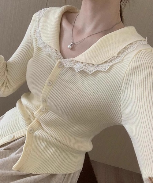 Lace Ladies(レースレディース)の「丸襟 レース リブ ニット カーディガン(カーディガン/ボレロ・レディース・アイボリー/ブラック/ホワイト・FREE)」の9枚目の写真