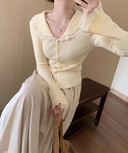 Lace Ladies(レースレディース)の「丸襟 レース リブ ニット カーディガン(カーディガン/ボレロ・レディース・アイボリー/ブラック/ホワイト・FREE)」の11枚目の写真