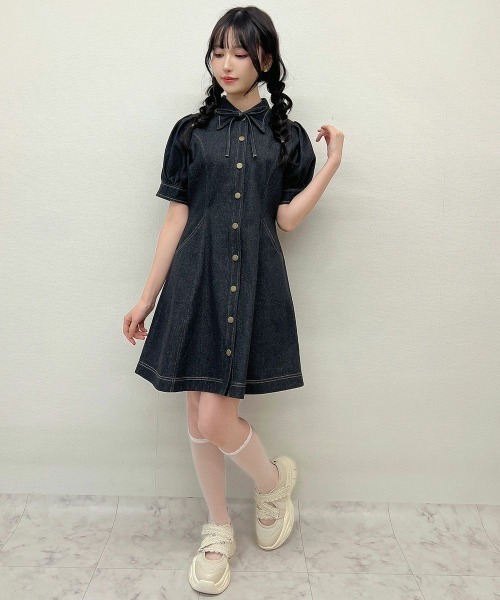 2サイズ展開】リボンタイ付きパフスリーブデニムワンピース