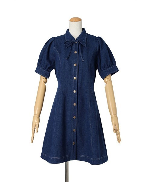 ベルトリボン付 パフスリーブ デニム ワンピース Free〜XXL セール】【2サイズ展開】リボンタイ付きパフスリーブデニム