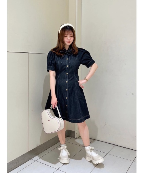 ベルトリボン付 パフスリーブ デニム ワンピース Free〜XXL セール】【2サイズ展開】リボンタイ付きパフスリーブデニム