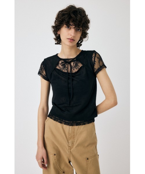 MOUSSY(マウジー)の「LACE LAYERED OPEN NECK トップス(Tシャツ/カットソー・レディース・ブラック/ブラウン/ライトブルー・FREE)」の4枚目の写真