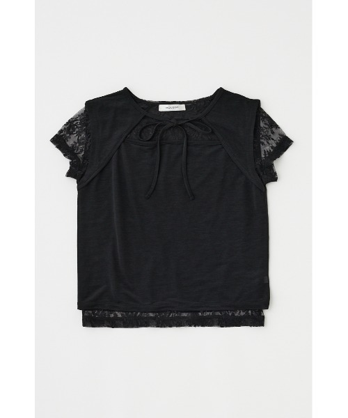 MANOF　シースルーレイヤードトップス　黒　マノフ　カットソー　Tシャツ セール】LACE LAYERED OPEN NECK トップス（Tシャツ/カットソー