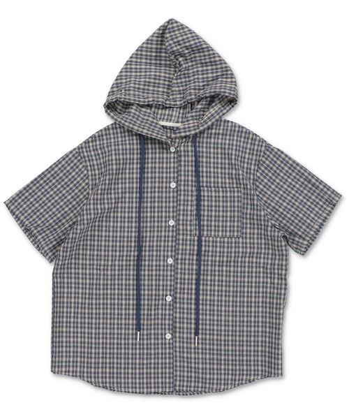 SPINNS（スピンズ）の「半袖チェックシャツパーカー（シャツ/ブラウス・レディース・ブラック/ベージュ/ネイビー・ONESIZE）」の3枚目の写真