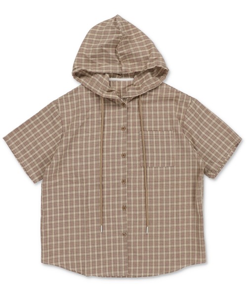 SPINNS（スピンズ）の「半袖チェックシャツパーカー（シャツ/ブラウス・レディース・ブラック/ベージュ/ネイビー・ONESIZE）」の7枚目の写真