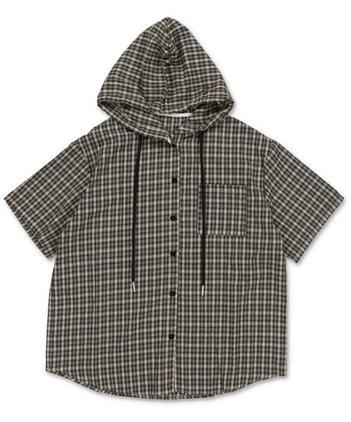 SPINNS（スピンズ）の「半袖チェックシャツパーカー（シャツ/ブラウス・レディース・ブラック/ベージュ/ネイビー・ONESIZE）」の4枚目の写真