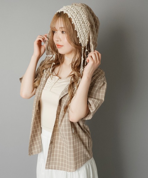 SPINNS（スピンズ）の「半袖チェックシャツパーカー（シャツ/ブラウス・レディース・ブラック/ベージュ/ネイビー・ONESIZE）」の15枚目の写真