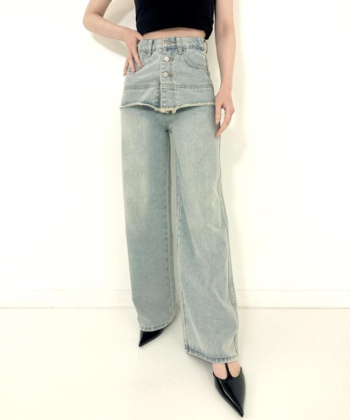 ANAP（アナップ）の「レイヤード風 デニム ワイド パンツ（デニムパンツ・レディース・ライトブルー・SMALL/MEDIUM）」の2枚目の写真