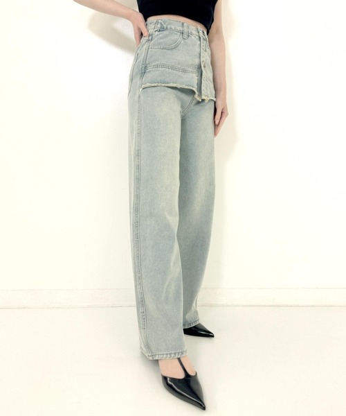 ANAP（アナップ）の「レイヤード風 デニム ワイド パンツ（デニムパンツ・レディース・ライトブルー・SMALL/MEDIUM）」の4枚目の写真