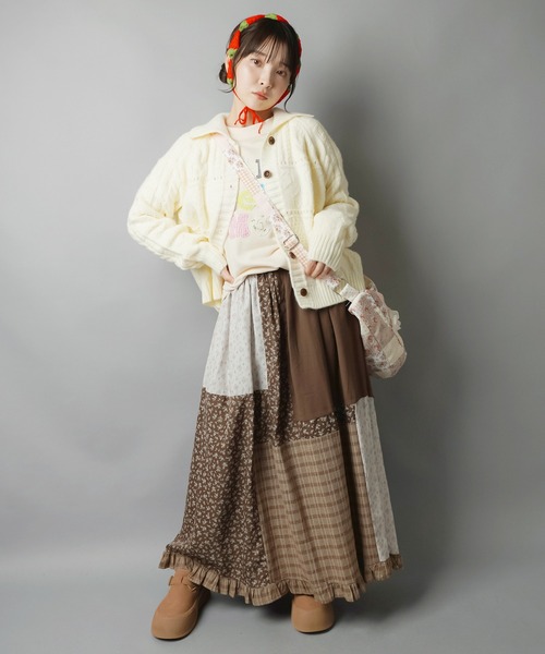 セール】ロングスカート/つぎはぎフラワー/NEO森ガール（スカート