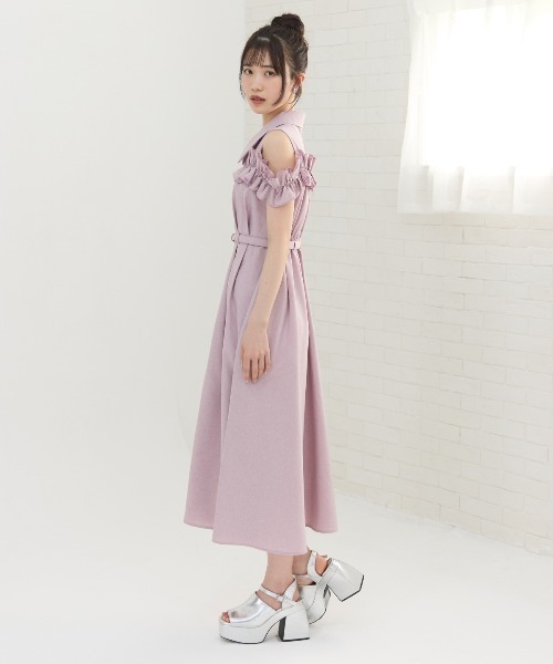フリル装飾&ノースリーブ シャツワンピース★お洒落 大人可愛い ストライプフリルノースリーブシャツワンピース