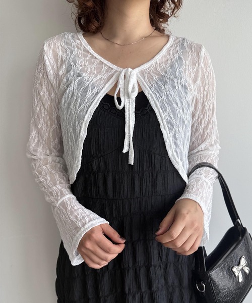 aimoha(アイモハ)の「透かし編みベルスリーブカーディガン (SS)(カーディガン/ボレロ・レディース・ブルー/ライトベージュ/グリーン/ピンク/ホワイト・FREE)」の2枚目の写真