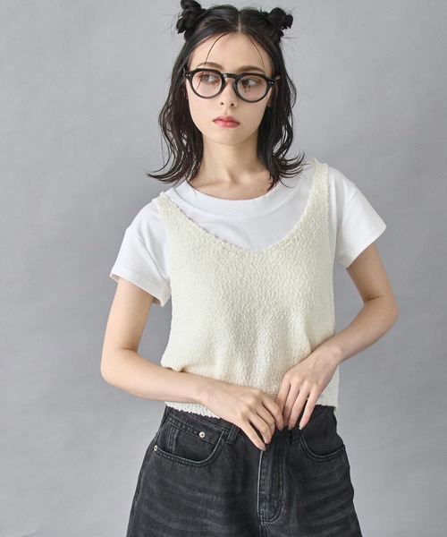 ANAP(アナップ)の「2WAY リボン ニット キャミソール ビスチェ(キャミソール・レディース・ラベンダー/ライトグレー/ホワイト・FREE)」の1枚目の写真