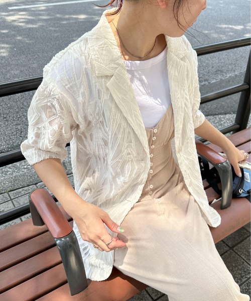 PILIT（ピリット）の「シアー5分袖ジャケット（テーラードジャケット・レディース・アイボリー/ブラック・MEDIUM）」の7枚目の写真