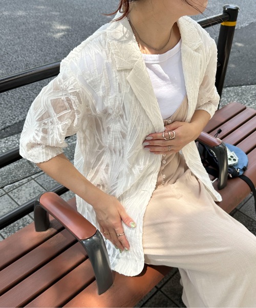 PILIT（ピリット）の「シアー5分袖ジャケット（テーラードジャケット・レディース・アイボリー/ブラック・MEDIUM）」の8枚目の写真