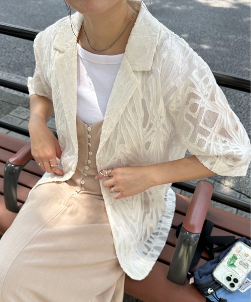 PILIT（ピリット）の「シアー5分袖ジャケット（テーラードジャケット・レディース・アイボリー/ブラック・MEDIUM）」の9枚目の写真