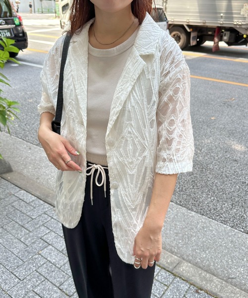 PILIT（ピリット）の「シアー5分袖ジャケット（テーラードジャケット・レディース・アイボリー/ブラック・MEDIUM）」の4枚目の写真