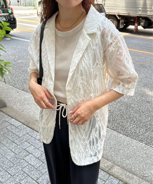 PILIT（ピリット）の「シアー5分袖ジャケット（テーラードジャケット・レディース・アイボリー/ブラック・MEDIUM）」の3枚目の写真