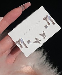 【MASHIRO】Y2Kモチーフピアス ドロップハートバタフライ６点セット（MA）