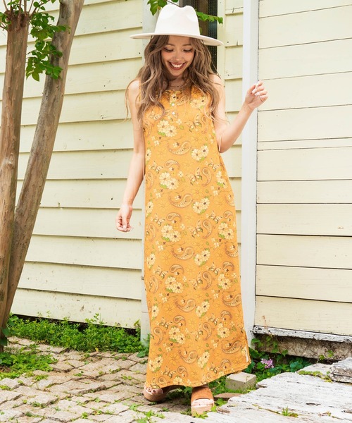 anap mimpi（アナップミンピ）の「レトロフラワー ワッフル ヘンリーネック ロング ワンピース（ワンピース・レディース・オレンジ/ミント・FREE）」の2枚目の写真