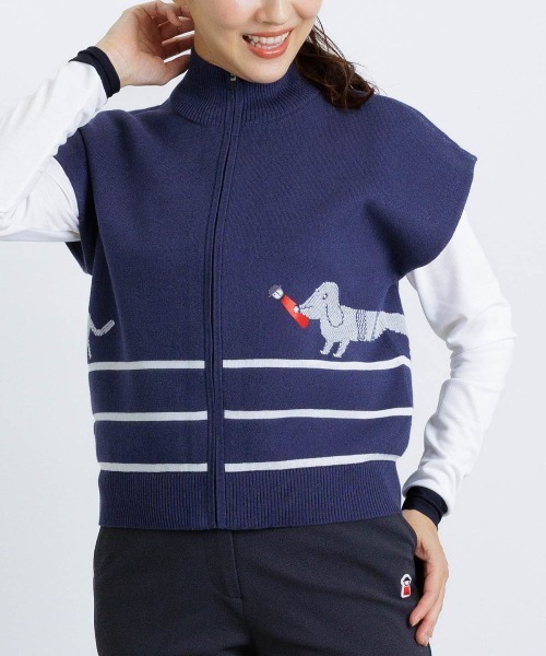 Picone CLUB(ピッコーネクラブ)の「コットン混DOG柄ニットベスト(ベスト・レディース・ライトパープル/ネイビー/キャメル・S/M)」の14枚目の写真