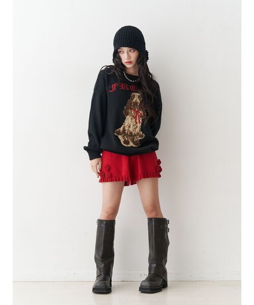 jouetie（ジュエティ）の「ローズモチーフニットショーパン【セットアップ対応】（その他パンツ・レディース・グレー/ブラック/レッド・MEDIUM）」の4枚目の写真