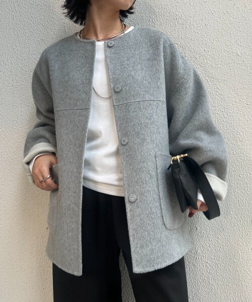 ノーカラーショートコート　リバーシブルコクーンジャケット セール】リバーシブルコクーンジャケット（ノーカラージャケット