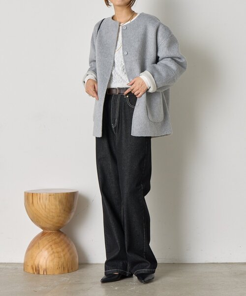 ノーカラーショートコート　リバーシブルコクーンジャケット セール】リバーシブルコクーンジャケット（ノーカラージャケット