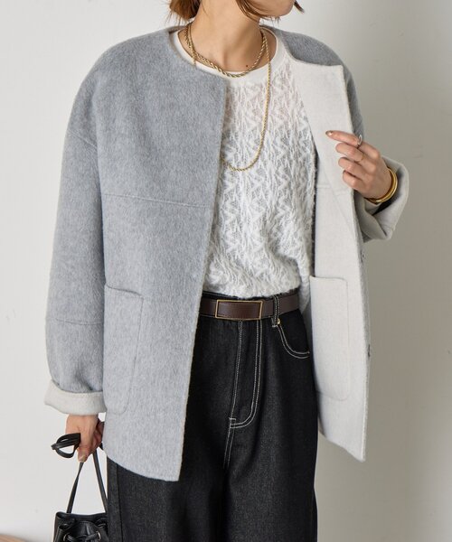 ノーカラーショートコート　リバーシブルコクーンジャケット リバーシブルコクーンジャケット（ノーカラージャケット）｜Jena