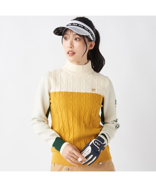 FILA GOLF(フィラゴルフ )の「FILA GOLF フィラゴルフ ゴルフウェア ワンポイント ロゴ 配色切替 ハイネック モックネックセーター(ニット/セーター・レディース・ネイビー/イエロー/ブラック・M/L/LL)」の3枚目の写真