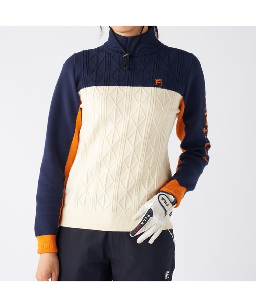 FILA GOLF(フィラゴルフ )の「FILA GOLF フィラゴルフ ゴルフウェア ワンポイント ロゴ 配色切替 ハイネック モックネックセーター(ニット/セーター・レディース・ネイビー/イエロー/ブラック・M/L/LL)」の16枚目の写真