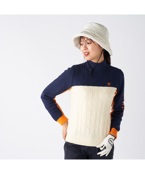 FILA GOLF(フィラゴルフ )の「FILA GOLF フィラゴルフ ゴルフウェア ワンポイント ロゴ 配色切替 ハイネック モックネックセーター(ニット/セーター・レディース・ネイビー/イエロー/ブラック・M/L/LL)」の11枚目の写真