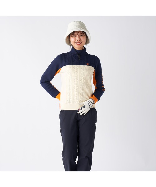 FILA GOLF(フィラゴルフ )の「FILA GOLF フィラゴルフ ゴルフウェア ワンポイント ロゴ 配色切替 ハイネック モックネックセーター(ニット/セーター・レディース・ネイビー/イエロー/ブラック・M/L/LL)」の13枚目の写真