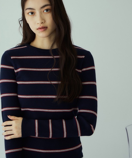 VICKY(ビッキー)の「MIXカラーボーダーニットプルオーバー(ニット/セーター・レディース・ダークネイビー/ブラウン系その他/グレー系その他・M)」の1枚目の写真