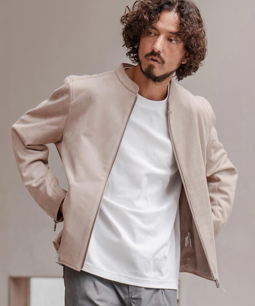 CAMBIO（カンビオ）の「mj11207-フェイクスウェードスタンドライダースブルゾン（ライダースジャケット・メンズ・グレイッシュベージュ/ブラック・M/L/XL）」の3枚目の写真