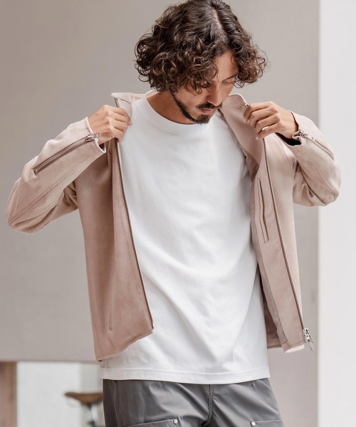 CAMBIO（カンビオ）の「mj11207-フェイクスウェードスタンドライダースブルゾン（ライダースジャケット・メンズ・グレイッシュベージュ/ブラック・M/L/XL）」の4枚目の写真