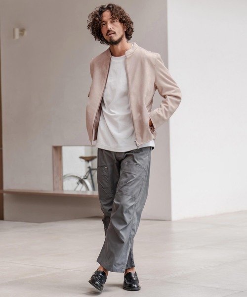 CAMBIO（カンビオ）の「mj11207-フェイクスウェードスタンドライダースブルゾン（ライダースジャケット・メンズ・グレイッシュベージュ/ブラック・M/L/XL）」の6枚目の写真