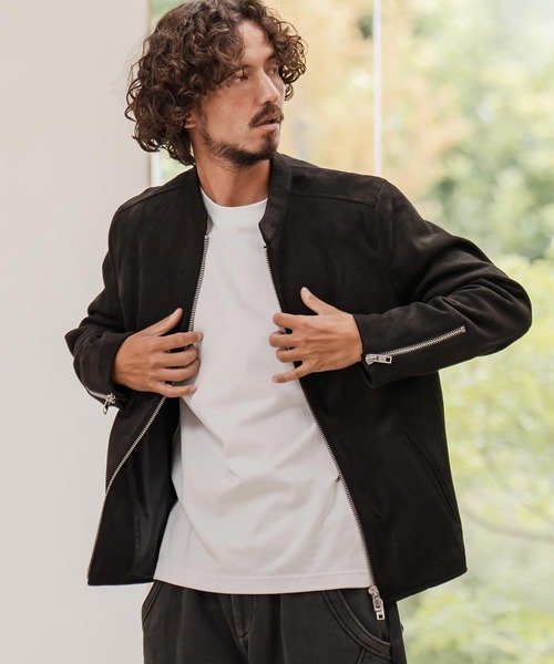 CAMBIO（カンビオ）の「mj11207-フェイクスウェードスタンドライダースブルゾン（ライダースジャケット・メンズ・グレイッシュベージュ/ブラック・M/L/XL）」の9枚目の写真