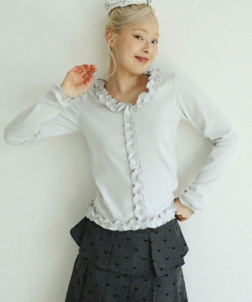 UGLY SHADOW(アグリーシャドウ)の「【Uglyshadow】RUFFLE RIBBED T-SHIRT / 【アグリーシャドウ】ラッフルリブド長袖Tシャツ(Tシャツ/カットソー・レディース・ネイビー/ブラック/ライトグレー・ONE SIZE)」の1枚目の写真