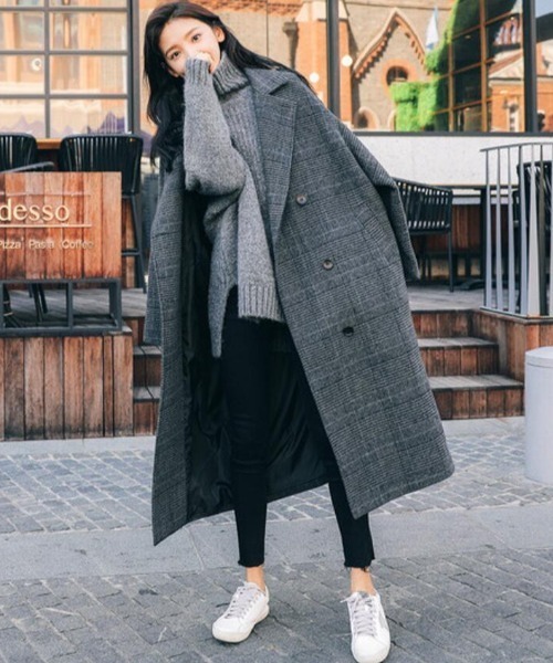 セール】チェック柄ダブルブレストロングコート（その他アウター