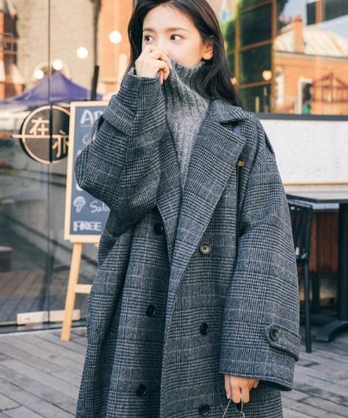 セール】チェック柄ダブルブレストロングコート（その他アウター
