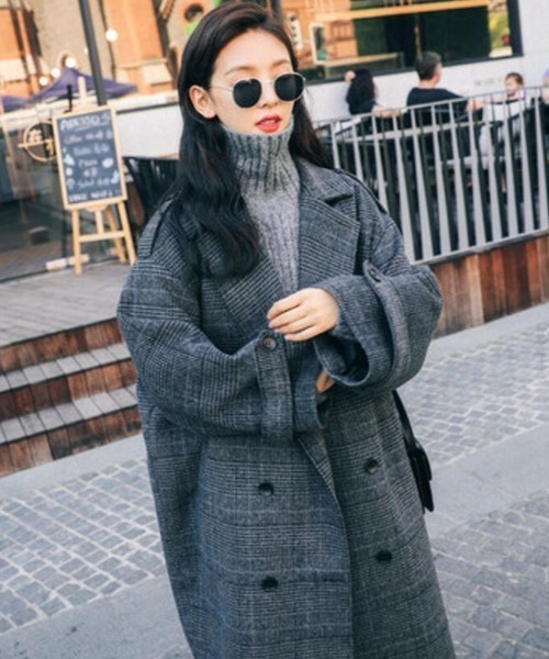 セール】チェック柄ダブルブレストロングコート（その他アウター