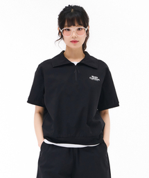 レディース ストレッチ 半ジップ スウェット 半袖Tシャツ - ブラック
