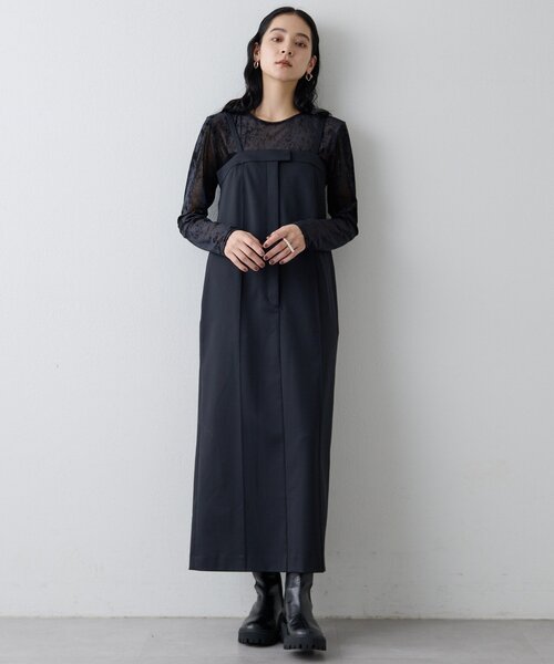 Drawing Numbers（ドローイング ナンバーズ）の「【Drawing Numbers】シャイニーTWストレッチキャミワンピース（ワンピース・レディース・ブラック/ベージュ・38）」の2枚目の写真